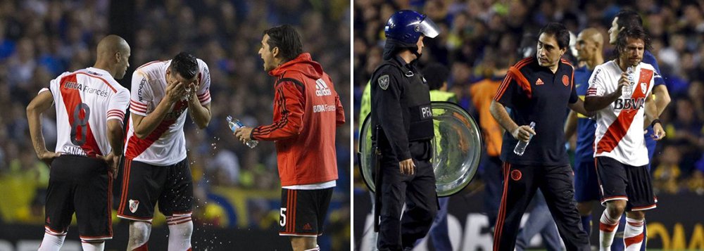 Agressão ocorreu no início do segundo tempo, no momento em que os jogadores do River entravam no estádio La Bombonera, em partida contra Boca Juniors pelas oitavas de final da Taça Libertadores; jogo foi suspenso nesta quinta-feira (14); o primeiro tempo tinha terminado 0 a 0 (Foto: Roberta Namour) Agressão ocorreu no início do segundo tempo, no momento em que os jogadores do River entravam no estádio La Bombonera, em partida contra Boca Juniors pelas oitavas de final da Taça Libertadores; jogo foi suspenso nesta quinta-feira (14); o primeiro tempo tinha terminado 0 a 0