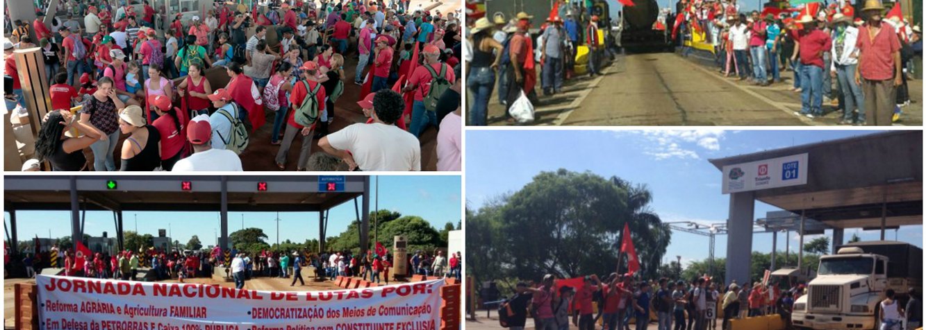Cerca de 38 organizações e movimentos sociais do Paraná encabeçados pelo MST realizam manifestações com fechamento de rodovias estaduais e federais; pelo menos quatro praças de pedágio foram ocupadas e tivera, as cancelas liberadas; a mobilização faz parte da "Jornada Nacional Unitária de Lutas dos Trabalhadores do Campo e da Cidade", e tem como objetivo cobrar dos governos municipais, estadual e federal maiores investimentos na produção, industrialização e venda de alimentos; eles pedem também a retomada das compras com doação simultânea do PAA, e PNAE (Foto: Leonardo Lucena) Cerca de 38 organizações e movimentos sociais do Paraná encabeçados pelo MST realizam manifestações com fechamento de rodovias estaduais e federais; pelo menos quatro praças de pedágio foram ocupadas e tivera, as cancelas liberadas; a mobilização faz parte da "Jornada Nacional Unitária de Lutas dos Trabalhadores do Campo e da Cidade", e tem como objetivo cobrar dos governos municipais, estadual e federal maiores investimentos na produção, industrialização e venda de alimentos; eles pedem também a retomada das compras com doação simultânea do PAA, e PNAE
