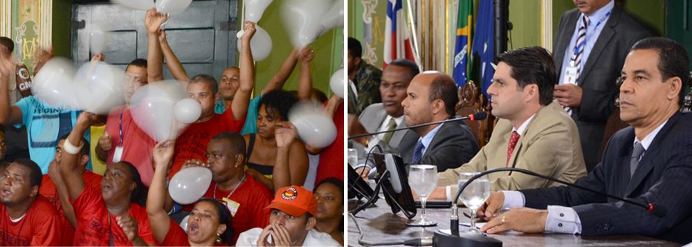 A Câmara Municipal de Salvador aprovou nesta terça-feira, com 39 votos favoráveis e um contrário, do vereador Hilton Coelho, o Projeto de Lei nº 250/15, que reajusta os vencimentos dos servidores municipais; o ganho salarial é da ordem de 6,5%, retroativo a maio, além de adicionais que variam de acordo com a categoria; a votação polêmica reuniu nas galerias os agentes comunitários de saúde e agentes de combate às endemias, em greve há mais de 40 dias, que ocuparam as galerias reivindicando reajuste com base no piso nacional de R$ 1.014,00 (Foto: Romulo Faro) A Câmara Municipal de Salvador aprovou nesta terça-feira, com 39 votos favoráveis e um contrário, do vereador Hilton Coelho, o Projeto de Lei nº 250/15, que reajusta os vencimentos dos servidores municipais; o ganho salarial é da ordem de 6,5%, retroativo a maio, além de adicionais que variam de acordo com a categoria; a votação polêmica reuniu nas galerias os agentes comunitários de saúde e agentes de combate às endemias, em greve há mais de 40 dias, que ocuparam as galerias reivindicando reajuste com base no piso nacional de R$ 1.014,00