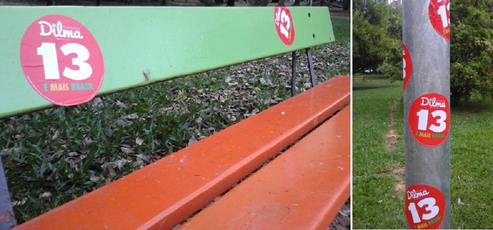 O Parcão, no bairro Moinhos de Vento, que foi transformado em ponto de concentração dos protestos anti-Dilma em Porto Alegre, amanheceu coberto de adesivos do PT e Dilma; os objetos, supostamente material de campanha eleitoral, foram colados em bancos e postes do Parcão na véspera do protesto marcado para este domingo; PT gaúcho está denunciando que se trata de um claro ato de provocação para provocar violência e radicalização (Foto: José Barbacena) O Parcão, no bairro Moinhos de Vento, que foi transformado em ponto de concentração dos protestos anti-Dilma em Porto Alegre, amanheceu coberto de adesivos do PT e Dilma; os objetos, supostamente material de campanha eleitoral, foram colados em bancos e postes do Parcão na véspera do protesto marcado para este domingo; PT gaúcho está denunciando que se trata de um claro ato de provocação para provocar violência e radicalização