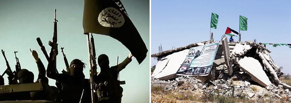 Declaração em vídeo, emitida a partir de uma fortaleza do Estado Islâmico na Síria, foi um raro desafio público ao Hamas, que tem reprimido os jihadistas em Gaza que se opõem a tréguas com Israel e reconciliação com a facção palestina rival Fatah, apoiada pelos Estados Unidos: "Vamos arrancar o Estado dos judeus (Israel), e vocês e o Fatah, e todos os secularistas não são nada, e vocês serão totalmente devastados por nossas multidões", disse um membro mascarado do Estado Islâmico na mensagem dirigida aos "tiranos do Hamas" (Foto: Roberta Namour) Declaração em vídeo, emitida a partir de uma fortaleza do Estado Islâmico na Síria, foi um raro desafio público ao Hamas, que tem reprimido os jihadistas em Gaza que se opõem a tréguas com Israel e reconciliação com a facção palestina rival Fatah, apoiada pelos Estados Unidos: "Vamos arrancar o Estado dos judeus (Israel), e vocês e o Fatah, e todos os secularistas não são nada, e vocês serão totalmente devastados por nossas multidões", disse um membro mascarado do Estado Islâmico na mensagem dirigida aos "tiranos do Hamas"