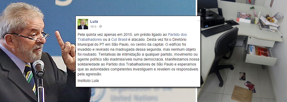 Em texto publicado nas redes sociais, o ex-presidente lembra do quinto ataque "apenas em 2015" a um prédio ligado ao Partido dos Trabalhadores ou à CUT ao criticar invasão no Diretório Municipal do PT em São Paulo na madrugada de segunda-feira; "O edifício foi invadido e revirado, mas nenhum objeto foi roubado. Tentativas de intimidação a qualquer partido, movimento ou agente político são inadmissíveis numa democracia", protesta Lula; ele destaca que se espera "que as autoridades competentes investiguem e revelem os responsáveis pela agressão"; no dia 30 de julho, a sede do Instituto Lula, também na capital paulista, foi alvo de um ataque a bomba; a Polícia Federal investiga o caso (Foto: Gisele Federicce) Em texto publicado nas redes sociais, o ex-presidente lembra do quinto ataque "apenas em 2015" a um prédio ligado ao Partido dos Trabalhadores ou à CUT ao criticar invasão no Diretório Municipal do PT em São Paulo na madrugada de segunda-feira; "O edifício foi invadido e revirado, mas nenhum objeto foi roubado. Tentativas de intimidação a qualquer partido, movimento ou agente político são inadmissíveis numa democracia", protesta Lula; ele destaca que se espera "que as autoridades competentes investiguem e revelem os responsáveis pela agressão"; no dia 30 de julho, a sede do Instituto Lula, também na capital paulista, foi alvo de um ataque a bomba; a Polícia Federal investiga o caso