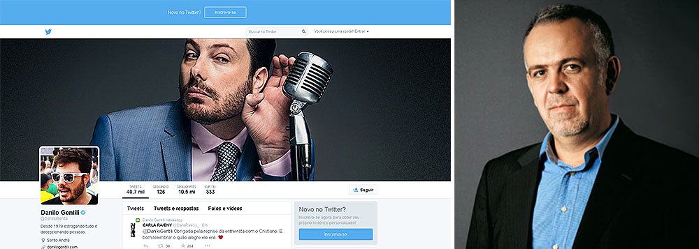 Colunista Kiko Nogueira, do DCM, destaca reportagem da Agência Pública sobre a invasão da direita nas redes sociais, que aponta que Twitter do humorista Danilo Gentili tem 6 milhões de seguidores fake: ‘Uma conta deste tamanho serve, entre outras coisas, como atrativo para propaganda de produtos — incluindo candidatos Na disputa de 2014, Gentili apoiou Aécio a ponto de imortalizar um tuíte de torcedor no dia da apuração: “Vazaram aqui pra mim que Aécio já ganhou. Fonte quente”’, ressalta Kiko (Foto: Roberta Namour) Colunista Kiko Nogueira, do DCM, destaca reportagem da Agência Pública sobre a invasão da direita nas redes sociais, que aponta que Twitter do humorista Danilo Gentili tem 6 milhões de seguidores fake: ‘Uma conta deste tamanho serve, entre outras coisas, como atrativo para propaganda de produtos — incluindo candidatos Na disputa de 2014, Gentili apoiou Aécio a ponto de imortalizar um tuíte de torcedor no dia da apuração: “Vazaram aqui pra mim que Aécio já ganhou. Fonte quente”’, ressalta Kiko