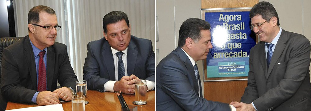 Em reunião com o ministro Joaquim Levy (Fazenda), em Brasília, governador goiano tratou de partilha dos ativos da companhia energética, que deve ser realizada pelo governo federal ainda neste ano e vai reforçar o caixa do Estado; ainda na reunião, da qual participou a secretária da Fazenda Ana Carla Abrão, o governador solicitou linhas de crédito para o financiamento de obras em Goiás, que serviriam para garantir o avanço da competitividade do Estado; é ainda preocupação de Marconi a reunião do Confaz de 15 de julho que pode por fim à guerra fiscal, com reflexos importantes para a economia goiana; governador ainda esteve com o ministro Gabas, da Previdência, para discutir a possibilidade da adoção de um sistema de previdência complementar para os servidores públicos estaduais (Foto: Realle Palazzo-Martini) Em reunião com o ministro Joaquim Levy (Fazenda), em Brasília, governador goiano tratou de partilha dos ativos da companhia energética, que deve ser realizada pelo governo federal ainda neste ano e vai reforçar o caixa do Estado; ainda na reunião, da qual participou a secretária da Fazenda Ana Carla Abrão, o governador solicitou linhas de crédito para o financiamento de obras em Goiás, que serviriam para garantir o avanço da competitividade do Estado; é ainda preocupação de Marconi a reunião do Confaz de 15 de julho que pode por fim à guerra fiscal, com reflexos importantes para a economia goiana; governador ainda esteve com o ministro Gabas, da Previdência, para discutir a possibilidade da adoção de um sistema de previdência complementar para os servidores públicos estaduais