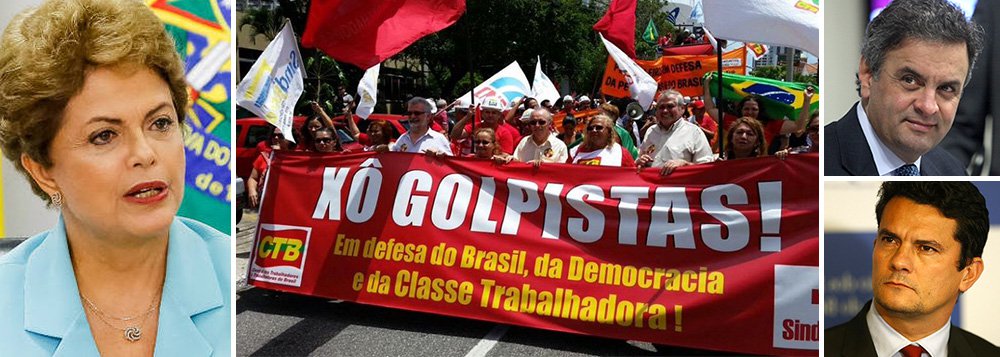Em manifesto, militantes de movimentos populares, sindicais, pastorais e partidos políticos reagem ao golpismo da oposição contra a presidente Dilma Rousseff: “consideramos inaceitável e nos insurgimos contra as reiteradas tentativas de setores da oposição e do oligopólio da mídia, que buscam criar, através de procedimentos ilegais, pretextos artificiais para a interrupção da legalidade democrática”, diz trecho do texto; grupo também denuncia ‘justiceiros’ do Judiciário, em referência à condução da Lava Jato pelo juiz Sérgio Moro e pela força-tarefa do MP; de acordo com o manifesto, eles querem "substituir o papel dos outros poderes, assumir papel de Polícia e desrespeitar a Constituição" (Foto: Roberta Namour) Em manifesto, militantes de movimentos populares, sindicais, pastorais e partidos políticos reagem ao golpismo da oposição contra a presidente Dilma Rousseff: “consideramos inaceitável e nos insurgimos contra as reiteradas tentativas de setores da oposição e do oligopólio da mídia, que buscam criar, através de procedimentos ilegais, pretextos artificiais para a interrupção da legalidade democrática”, diz trecho do texto; grupo também denuncia ‘justiceiros’ do Judiciário, em referência à condução da Lava Jato pelo juiz Sérgio Moro e pela força-tarefa do MP; de acordo com o manifesto, eles querem "substituir o papel dos outros poderes, assumir papel de Polícia e desrespeitar a Constituição"