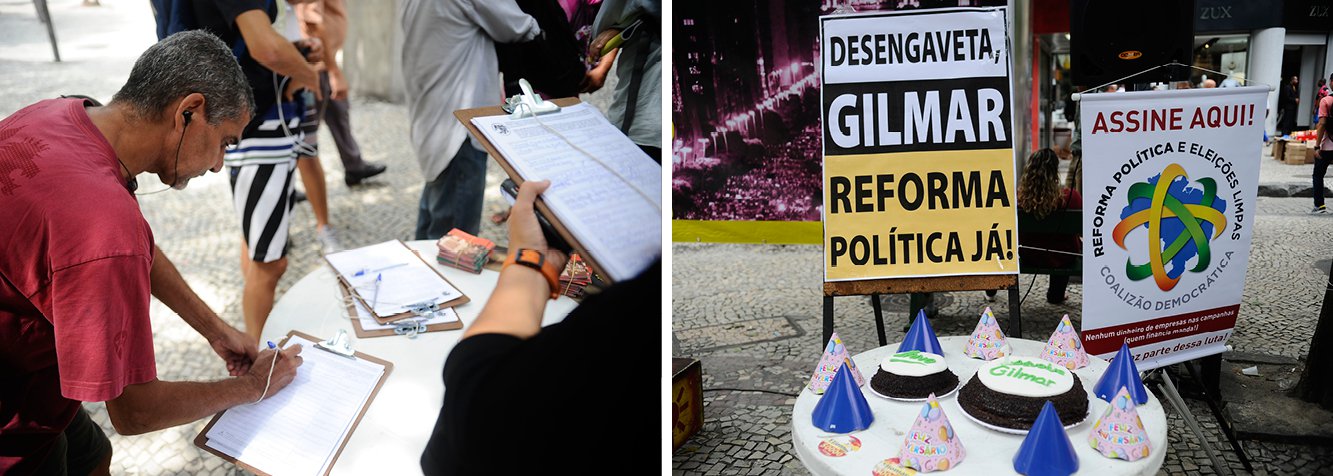 Dezenas de pessoas defenderam em praça pública, no centro do Rio, a retomada do julgamento da Ação Direta de Inconstitucionalidade (Adin) 4.650, interrompido há um ano por pedido de vista do pelo ministro do STF Gilmar Mendes; a ação, ajuizada pela Ordem dos Advogados do Brasil (OAB), foi apresentada em 2011 e determina o fim do financiamento empresarial de campanhas políticas; houve manifestação também na Praça dos Três Poderes, em Brasília
(Foto: Leonardo Lucena) Dezenas de pessoas defenderam em praça pública, no centro do Rio, a retomada do julgamento da Ação Direta de Inconstitucionalidade (Adin) 4.650, interrompido há um ano por pedido de vista do pelo ministro do STF Gilmar Mendes; a ação, ajuizada pela Ordem dos Advogados do Brasil (OAB), foi apresentada em 2011 e determina o fim do financiamento empresarial de campanhas políticas; houve manifestação também na Praça dos Três Poderes, em Brasília