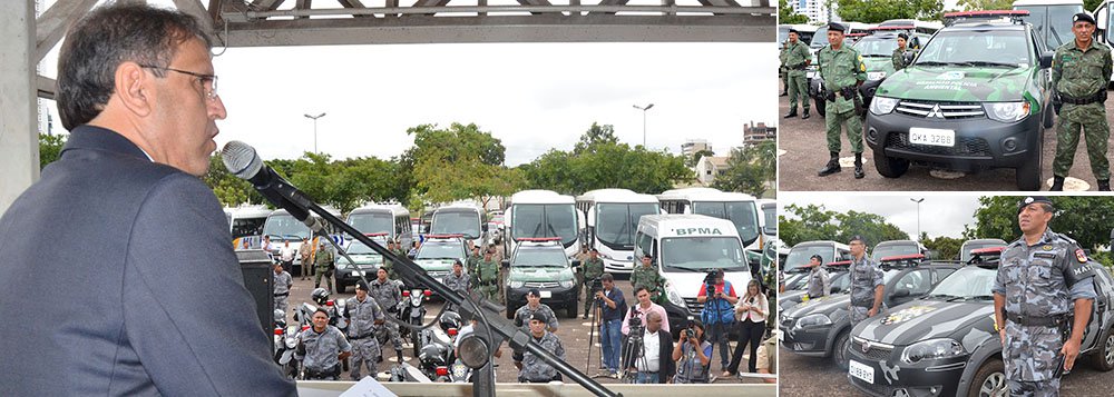 Governador Marcelo Miranda (PMDB) entregou nesta quarta-feira, 1º, 97 novos veículos para as unidades da Polícia Militar no estado e oficializou a criação do Batalhão Rodoviário Estadual e de Divisas (BPMRED) e o Batalhão Ambiental (BPMA), ambos da PM; em discurso, Marcelo voltou a reforçar a importância das medidas de austeridade; "É tempo de responsabilidade com as questões públicas"; gestor disse que a população precisa se sentir segura, enfatizou que a entrega das novas viaturas e a criação dos dois novos Batalhões é uma iniciativa que faz parte do projeto Tolerância Zero para a Criminalidade; PM recebeu três ônibus, 14 micro-ônibus, duas vans, 12 caminhonetes, 34 carros e 27 motocicletas e cinco caminhões (Foto: Aquiles Lins) Governador Marcelo Miranda (PMDB) entregou nesta quarta-feira, 1º, 97 novos veículos para as unidades da Polícia Militar no estado e oficializou a criação do Batalhão Rodoviário Estadual e de Divisas (BPMRED) e o Batalhão Ambiental (BPMA), ambos da PM; em discurso, Marcelo voltou a reforçar a importância das medidas de austeridade; "É tempo de responsabilidade com as questões públicas"; gestor disse que a população precisa se sentir segura, enfatizou que a entrega das novas viaturas e a criação dos dois novos Batalhões é uma iniciativa que faz parte do projeto Tolerância Zero para a Criminalidade; PM recebeu três ônibus, 14 micro-ônibus, duas vans, 12 caminhonetes, 34 carros e 27 motocicletas e cinco caminhões