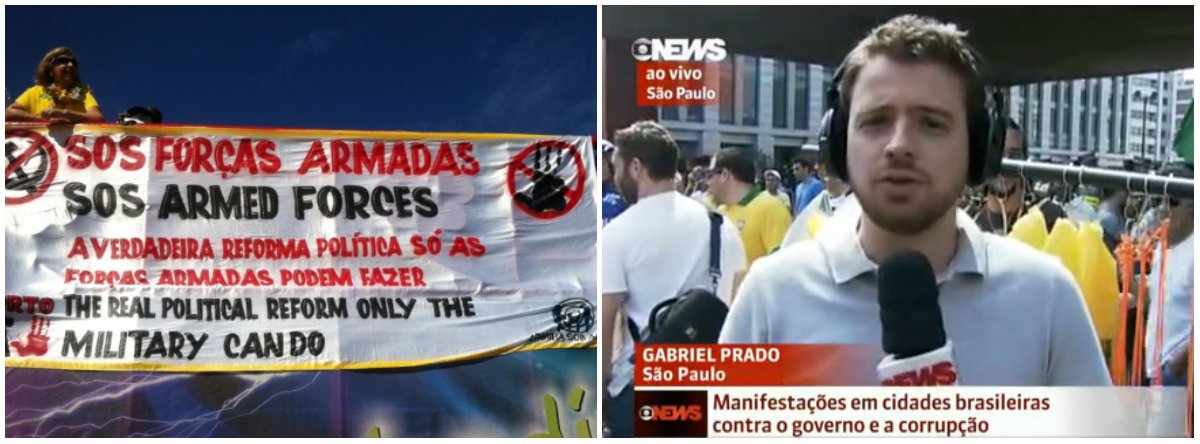 Cobertura da emissora dos protestos deste domingo não questiona, nem explica o motivo de um número substancialmente menor de pessoas ter ido às ruas, em comparação a março, mas libera o áudio dos protestos pedindo "fora PT" e "fora Dilma" e lê cartazes sobre impeachment; apresentador ignora, porém, cartaz em defesa da "mídia sob ataque" e que pede o golpe militar (Foto: Gisele Federicce) Cobertura da emissora dos protestos deste domingo não questiona, nem explica o motivo de um número substancialmente menor de pessoas ter ido às ruas, em comparação a março, mas libera o áudio dos protestos pedindo "fora PT" e "fora Dilma" e lê cartazes sobre impeachment; apresentador ignora, porém, cartaz em defesa da "mídia sob ataque" e que pede o golpe militar