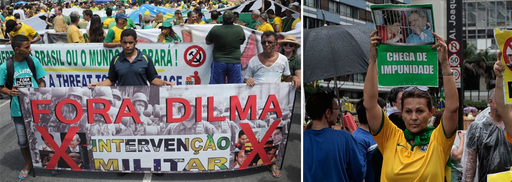 "É curioso reparar que faixas que propõem rupturas institucionais e ataques ao regime democrático puderam ser exibidas à luz do dia sem causar estorvo ou constrangimento", escreve Paulo Moreira Leite, diretor do 247 em Brasília; jornalista diz que "protestos desse tamanho, com esse grau de articulação e especialmente com este conteúdo, não buscam reivindicações específicas. Buscam o poder, disputam o Estado"; PML afirma ainda que "a constante referência à 'intervenção militar' e outras variações anunciam abertamente uma tentativa de reverter o processo democrático" e "o esforço para vestir os protestos com símbolos nacionais - como camisas da seleção brasileira - envolve um tipo peculiar de nacionalismo, que pouco tem a ver com o legítimo sentimento de amor e defesa de um país" (Foto: Gisele Federicce) www.brasil247.com - "É curioso reparar que faixas que propõem rupturas institucionais e ataques ao regime democrático puderam ser exibidas à luz do dia sem causar estorvo ou constrangimento", escreve Paulo Moreira Leite, diretor do 247 em Brasília; jornalista diz que "protestos desse tamanho, com esse grau de articulação e especialmente com este conteúdo, não buscam reivindicações específicas. Buscam o poder, disputam o Estado"; PML afirma ainda que "a constante referência à 'intervenção militar' e outras variações anunciam abertamente uma tentativa de reverter o processo democrático" e "o esforço para vestir os protestos com símbolos nacionais - como camisas da seleção brasileira - envolve um tipo peculiar de nacionalismo, que pouco tem a ver com o legítimo sentimento de amor e defesa de um país"