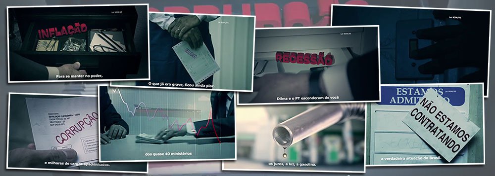 Novo filme do PSDB, exibido neste domingo, bate duro no PT e no governo Dilma; em resumo, a mensagem é de que a realidade foi escondida para que a presidente pudesse se reeleger; além disso, o PSDB afirma que o governo está cobrando dos cidadãos brasileiros a conta da corrupção na Petrobras, com aumentos dos juros, da gasolina e dos impostos; na inserção anterior, o PSDB utilizava a mesma estética e e contava uma mentira na televisão: a do corte do seguro-desemprego; filmes revelam que estratégia tucana será manter a campanha negativa o máximo possível para tentar desgatar Dilma e o PT (Foto: Leonardo Attuch) Novo filme do PSDB, exibido neste domingo, bate duro no PT e no governo Dilma; em resumo, a mensagem é de que a realidade foi escondida para que a presidente pudesse se reeleger; além disso, o PSDB afirma que o governo está cobrando dos cidadãos brasileiros a conta da corrupção na Petrobras, com aumentos dos juros, da gasolina e dos impostos; na inserção anterior, o PSDB utilizava a mesma estética e e contava uma mentira na televisão: a do corte do seguro-desemprego; filmes revelam que estratégia tucana será manter a campanha negativa o máximo possível para tentar desgatar Dilma e o PT