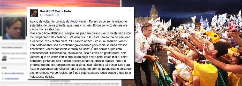 Após participar de comício do tucano Aécio Neves em Belo Horizonte, Geraldo Costa Neto, herdeiro do Estado de Minas, chama o ex-presidente Lula de "cachorro verborrágico" no Facebook e diz que a presidente Dilma Rousseff não terá governabilidade; mensagem também foi disparada pelo Whastapp (Foto: Roberta Namour) www.brasil247.com - Após participar de comício do tucano Aécio Neves em Belo Horizonte, Geraldo Costa Neto, herdeiro do Estado de Minas, chama o ex-presidente Lula de "cachorro verborrágico" no Facebook e diz que a presidente Dilma Rousseff não terá governabilidade; mensagem também foi disparada pelo Whastapp