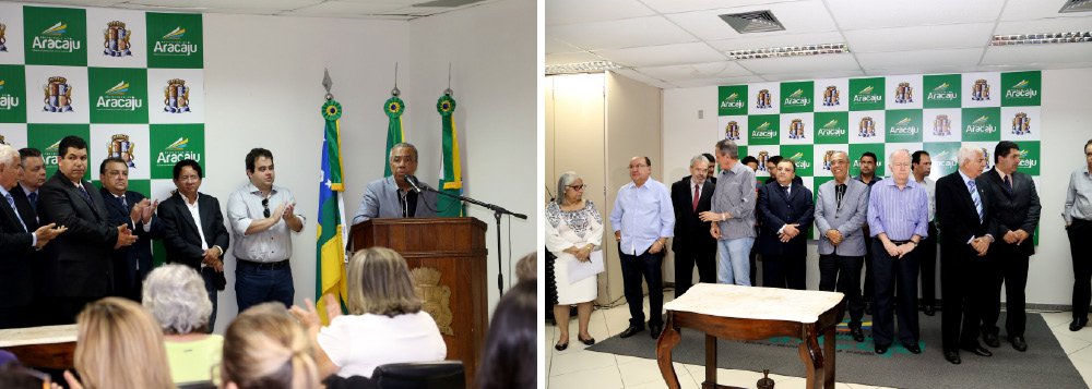 O prefeito João Alves Filho (DEM) aproveitou a solenidade de posse do novo secretário da Fazenda de Aracaju, Jair Araújo, nesta sexta (14), para falar da situação de crise econômica da administração, defender a venda de terrenos por parte da administração para melhor o fluxo de caixa e fazer duras críticas à empresa Torre, por ter suspendido a coleta de lixo na cidade; João afirmou que confia plenamente em Jair e rechaçou que a escolha pelo nome do novo secretário tenha sido indicação do grupo liderado pelo senador Eduardo Amorim (PSC) (Foto: Valter Lima) O prefeito João Alves Filho (DEM) aproveitou a solenidade de posse do novo secretário da Fazenda de Aracaju, Jair Araújo, nesta sexta (14), para falar da situação de crise econômica da administração, defender a venda de terrenos por parte da administração para melhor o fluxo de caixa e fazer duras críticas à empresa Torre, por ter suspendido a coleta de lixo na cidade; João afirmou que confia plenamente em Jair e rechaçou que a escolha pelo nome do novo secretário tenha sido indicação do grupo liderado pelo senador Eduardo Amorim (PSC)