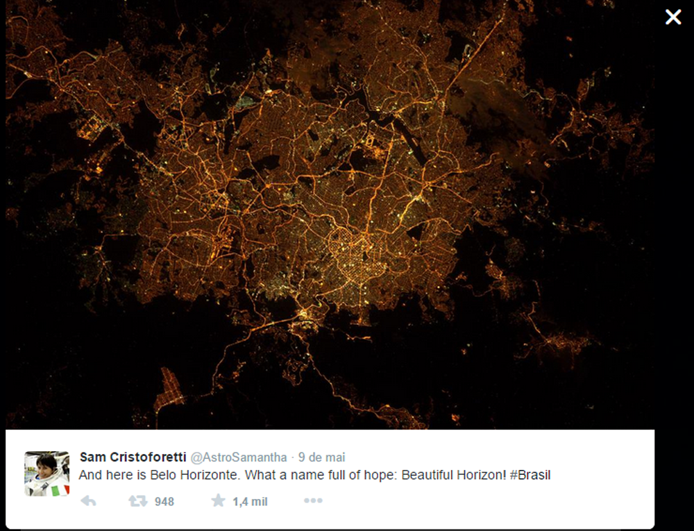 Samantha chegou à Estação Espacial Internacional (ISS) em novembro do ano passado, a bordo da nave russa Soyuz TMA-15M; Ela publicou: "And here is Belo Horizonte. What a name full of hope: Beautiful Horizon! (sic)" (E aqui é Belo Horizonte. Um nome cheio de esperança: Belo Horizonte - em tradução livre)
(Foto: Luis Mauro Queiroz) Samantha chegou à Estação Espacial Internacional (ISS) em novembro do ano passado, a bordo da nave russa Soyuz TMA-15M; Ela publicou: "And here is Belo Horizonte. What a name full of hope: Beautiful Horizon! (sic)" (E aqui é Belo Horizonte. Um nome cheio de esperança: Belo Horizonte - em tradução livre)