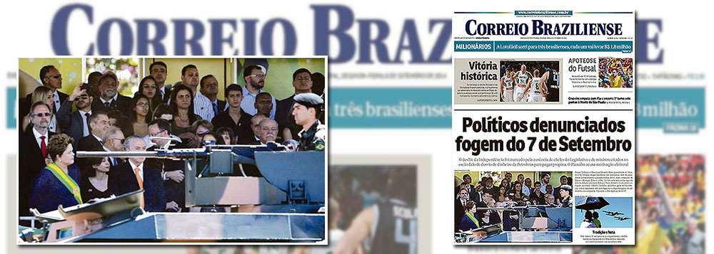 Foto na primeira página da edição de segunda-feira (8/9) do Correio Braziliense coloca deliberadamente o rosto da presidente da República, Dilma Rousseff, na mira de uma metralhadora do carro blindado do Exército Brasileiro, que desfila na parada de 7 de setembro, em Brasília; estando na capa, trata-se de uma escolha de responsabilidade dos editores do jornal (Foto: Roberta Namour) Foto na primeira página da edição de segunda-feira (8/9) do Correio Braziliense coloca deliberadamente o rosto da presidente da República, Dilma Rousseff, na mira de uma metralhadora do carro blindado do Exército Brasileiro, que desfila na parada de 7 de setembro, em Brasília; estando na capa, trata-se de uma escolha de responsabilidade dos editores do jornal