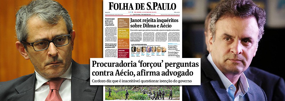 O jornal de Otávio Frias Filho foi o primeiro a noticiar que o senador Aécio Neves (PSDB-MG) não estava na lista; logo em seguida, igualou as situações do tucano e da presidente Dilma Rousseff, manchetando que ambos os casos seriam arquivados (o que é falso, uma vez que não havia pedido de investigação contra Dilma); depois, ignorou as informações trazidas pelo Estado de S. Paulo sobre o motivo da citação ao tucano; na edição de hoje, publica ainda que o advogado Antonio Carlos Almeida Castro, o Kakay, diz que a inclusão do nome de Aécio teria sido forçada pelos investigadores, sem informar aos leitores que ele representa o senador mineiro; blindagem? (Foto: Leonardo Attuch) O jornal de Otávio Frias Filho foi o primeiro a noticiar que o senador Aécio Neves (PSDB-MG) não estava na lista; logo em seguida, igualou as situações do tucano e da presidente Dilma Rousseff, manchetando que ambos os casos seriam arquivados (o que é falso, uma vez que não havia pedido de investigação contra Dilma); depois, ignorou as informações trazidas pelo Estado de S. Paulo sobre o motivo da citação ao tucano; na edição de hoje, publica ainda que o advogado Antonio Carlos Almeida Castro, o Kakay, diz que a inclusão do nome de Aécio teria sido forçada pelos investigadores, sem informar aos leitores que ele representa o senador mineiro; blindagem?