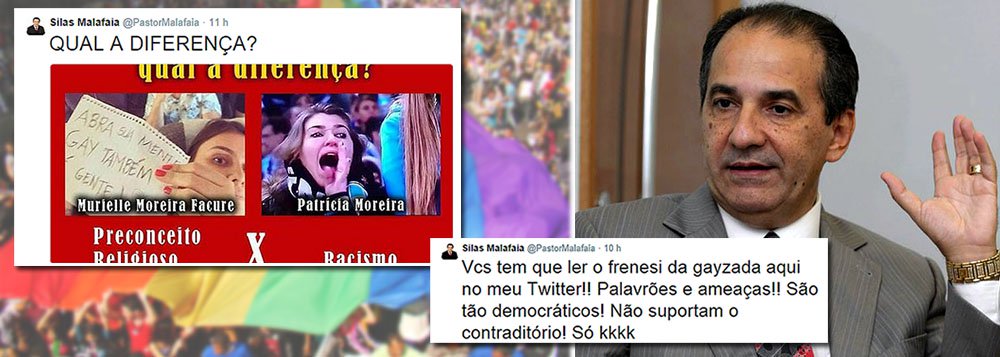 Em seu perfil no Twitter, pastor Silas Malafaia relacionou a imagem de Murielle Facure, em um avião ao lado do pastor ironizando seu posicionamento contra o casamento de homossexuais, a da torcedora do Grêmio Patrícia Moreira, que xingou o goleiro Aranha, do Santos, de “macaco”; escreveu em seguida para seus seguidores: “Vcs tem que ler o frenesi da gayzada aqui no meu Twitter!! Palavrões e ameaças!! São tão democráticos! Não suportam o contraditório!” (Foto: Roberta Namour) www.brasil247.com - Em seu perfil no Twitter, pastor Silas Malafaia relacionou a imagem de Murielle Facure, em um avião ao lado do pastor ironizando seu posicionamento contra o casamento de homossexuais, a da torcedora do Grêmio Patrícia Moreira, que xingou o goleiro Aranha, do Santos, de “macaco”; escreveu em seguida para seus seguidores: “Vcs tem que ler o frenesi da gayzada aqui no meu Twitter!! Palavrões e ameaças!! São tão democráticos! Não suportam o contraditório!”