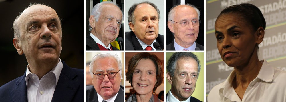 Bolsa de apostas já nomeia um ministério informal de um eventual governo Marina Silva, que teria nomes como Pedro Simon (PMDB), Cristovam Buarque (PDT), Eduardo Suplicy (PT) e Miro Teixeira (Pros-RJ), além do núcleo fiel à ex-senadora, como Neca Setubal e Walter Feldman; presença de um tucano de peso, como José Serra, reforça a percepção de que uma ala importante do PSDB já trabalha pelo "voto útil" a favor de Marina Silva e contra Aécio Neves, como foi apontado pelo Ibope; em SP, o maior colégio eleitoral do País, que vota majoritariamente no PSDB, Marina tem 39% das intenções de voto, contra 23% para a presidente Dilma Rousseff e 17% para Aécio (Foto: Roberta Namour) Bolsa de apostas já nomeia um ministério informal de um eventual governo Marina Silva, que teria nomes como Pedro Simon (PMDB), Cristovam Buarque (PDT), Eduardo Suplicy (PT) e Miro Teixeira (Pros-RJ), além do núcleo fiel à ex-senadora, como Neca Setubal e Walter Feldman; presença de um tucano de peso, como José Serra, reforça a percepção de que uma ala importante do PSDB já trabalha pelo "voto útil" a favor de Marina Silva e contra Aécio Neves, como foi apontado pelo Ibope; em SP, o maior colégio eleitoral do País, que vota majoritariamente no PSDB, Marina tem 39% das intenções de voto, contra 23% para a presidente Dilma Rousseff e 17% para Aécio