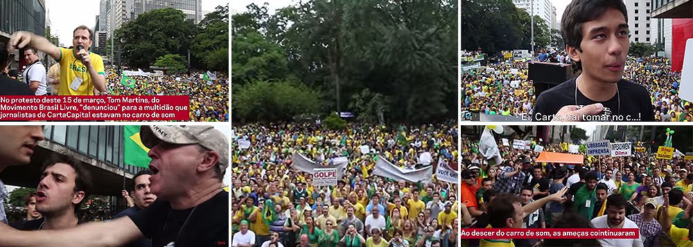 Vídeo postado por Carta Capital no Youtube revela o momento em que repórteres da revista foram hostilizados ao cobrir os protestos do último domingo, em São Paulo; do alto do carro de som, um dos integrantes do movimento intitulado "Brasil Livre" provocava a reportagem da revista a falar diante da massa ensandecida; repórteres tiveram de sair escoltados, aos gritos de 'ei, Carta, vai tomar no c..."; Movimento Brasil Livre, que ajudou a organizar os protestos, ainda não se posicionou sobre a agressão à liberdade de expressão; pela internet, movimento pede doações para derrubar o PT, mas reportagem acusa o MBL de ser financiado pela família norte-americana Koch, envolvida em escândalos no setor de petróleo (Foto: Leonardo Attuch) www.brasil247.com - Vídeo postado por Carta Capital no Youtube revela o momento em que repórteres da revista foram hostilizados ao cobrir os protestos do último domingo, em São Paulo; do alto do carro de som, um dos integrantes do movimento intitulado "Brasil Livre" provocava a reportagem da revista a falar diante da massa ensandecida; repórteres tiveram de sair escoltados, aos gritos de 'ei, Carta, vai tomar no c..."; Movimento Brasil Livre, que ajudou a organizar os protestos, ainda não se posicionou sobre a agressão à liberdade de expressão; pela internet, movimento pede doações para derrubar o PT, mas reportagem acusa o MBL de ser financiado pela família norte-americana Koch, envolvida em escândalos no setor de petróleo
