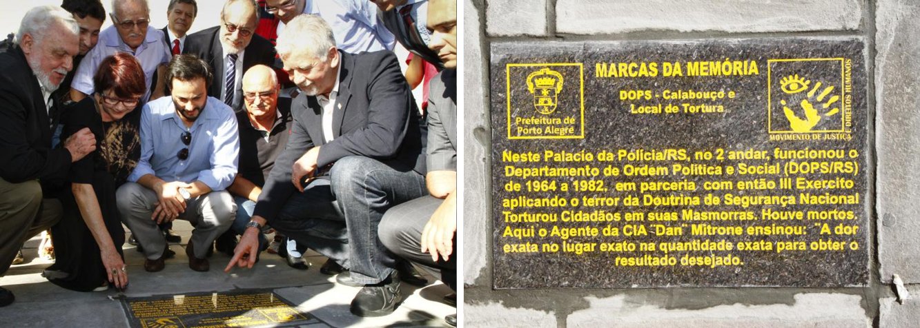 Mais uma marca da ditadura foi afixada em calçadas de Porto Alegre nesta quarta (1º); o Palácio da Polícia, onde presos políticos foram torturados durante o regime militar, recebeu uma placa sinalizando que ali, no segundo andar, houve tortura e homicídios nas salas onde funcionaram o Dops/RS; “As lembranças da ditadura atormentam a todos, e o esquecimento pode trazer o golpe de volta. Este ato é uma forma de sacramentar o desejo de democracia plena, de liberdade de expressão, informação e organização”, disse o prefeito José Fortunati; essa foi a terceira placa afixada na Capital; estão previstas outras 15 placas (Foto: Valter Lima) Mais uma marca da ditadura foi afixada em calçadas de Porto Alegre nesta quarta (1º); o Palácio da Polícia, onde presos políticos foram torturados durante o regime militar, recebeu uma placa sinalizando que ali, no segundo andar, houve tortura e homicídios nas salas onde funcionaram o Dops/RS; “As lembranças da ditadura atormentam a todos, e o esquecimento pode trazer o golpe de volta. Este ato é uma forma de sacramentar o desejo de democracia plena, de liberdade de expressão, informação e organização”, disse o prefeito José Fortunati; essa foi a terceira placa afixada na Capital; estão previstas outras 15 placas