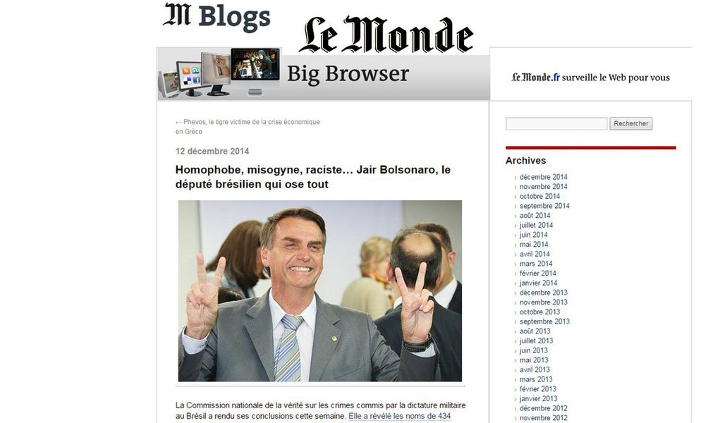 Jornal francês destacou insultos do deputado Jair Bolsonaro (PP-RJ) à colega de Câmara Maria do Rosário (PT-RS) na edição da última sexta-feira 12; deputado disse que só não estupraria a petista porque ela "não merece"; publicação ressaltou que, em vez de pedir desculpas pela declaração, Bolsonaro fez questão de divulgar o vídeo em suas redes sociais, como se tivesse orgulho do que fez (Foto: Gisele Federicce) Jornal francês destacou insultos do deputado Jair Bolsonaro (PP-RJ) à colega de Câmara Maria do Rosário (PT-RS) na edição da última sexta-feira 12; deputado disse que só não estupraria a petista porque ela "não merece"; publicação ressaltou que, em vez de pedir desculpas pela declaração, Bolsonaro fez questão de divulgar o vídeo em suas redes sociais, como se tivesse orgulho do que fez