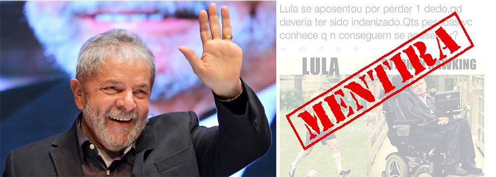 Diante de mentiras que vêm sendo disseminadas pela internet, o ex-presidente Lula se viu forçado, mais uma vez, a negar que tenha sido aposentado por invalidez, quando perdeu um dedo num acidente ocorrido em 1964; "Quem recebe aposentadoria por invalidez não pode trabalhar e receber salários. Lula não deixou de trabalhar. Se a história fosse verdadeira, ele não poderia ter continuado sua atividade como metalúrgico, depois dirigente sindical e muito menos cumprir seus mandatos de deputado e de presidente da República", diz a nota divulgada pelo Instituto Lula neste domingo (Foto: Leonardo Attuch) Diante de mentiras que vêm sendo disseminadas pela internet, o ex-presidente Lula se viu forçado, mais uma vez, a negar que tenha sido aposentado por invalidez, quando perdeu um dedo num acidente ocorrido em 1964; "Quem recebe aposentadoria por invalidez não pode trabalhar e receber salários. Lula não deixou de trabalhar. Se a história fosse verdadeira, ele não poderia ter continuado sua atividade como metalúrgico, depois dirigente sindical e muito menos cumprir seus mandatos de deputado e de presidente da República", diz a nota divulgada pelo Instituto Lula neste domingo