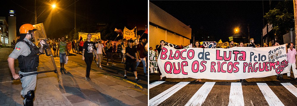 O Bloco de Luta pelo Transporte Público fez mais um protesto contra o aumento da passagem na Capital e, ao mesmo tempo, o trajeto mais longo desde que iniciou as manifestações em 2013; o ato começou em frente à empresa pública Carris, localizada na Rua Albion, e terminou na Avenida João Pessoa, próximo ao Parque da Redenção, depois de percorrer boa parte da Avenida Ipiranga; desde o dia 22 de fevereiro, a tarifa é R$ 3,25; o Bloco de Luta ganhou o apoio de rodoviários que são oposição à atual direção do sindicato da categoria (Foto: Leonardo Lucena) O Bloco de Luta pelo Transporte Público fez mais um protesto contra o aumento da passagem na Capital e, ao mesmo tempo, o trajeto mais longo desde que iniciou as manifestações em 2013; o ato começou em frente à empresa pública Carris, localizada na Rua Albion, e terminou na Avenida João Pessoa, próximo ao Parque da Redenção, depois de percorrer boa parte da Avenida Ipiranga; desde o dia 22 de fevereiro, a tarifa é R$ 3,25; o Bloco de Luta ganhou o apoio de rodoviários que são oposição à atual direção do sindicato da categoria