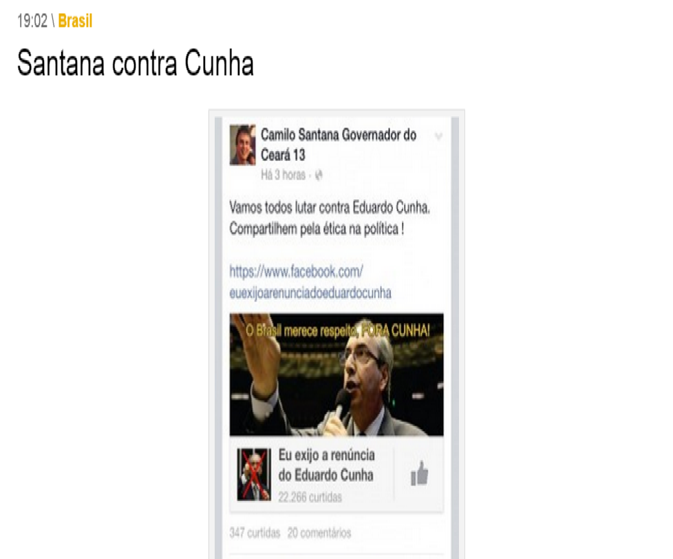 As redes sociais têm contribuído para que figuras públicas e políticas exponham sua posição sobre diversos assuntos, principalmente para externar as disputas. Aproveitando a “febre” das redes, onde teoricamente, todos publicam o que pensam em seus perfis, algumas páginas falsas são criadas. É o caso de um "fake" envolvendo o governador Camilo Santana, explorado pela coluna "Radar on line" como se fosse verdadeiro (Foto: Fatima 247) As redes sociais têm contribuído para que figuras públicas e políticas exponham sua posição sobre diversos assuntos, principalmente para externar as disputas. Aproveitando a “febre” das redes, onde teoricamente, todos publicam o que pensam em seus perfis, algumas páginas falsas são criadas. É o caso de um "fake" envolvendo o governador Camilo Santana, explorado pela coluna "Radar on line" como se fosse verdadeiro