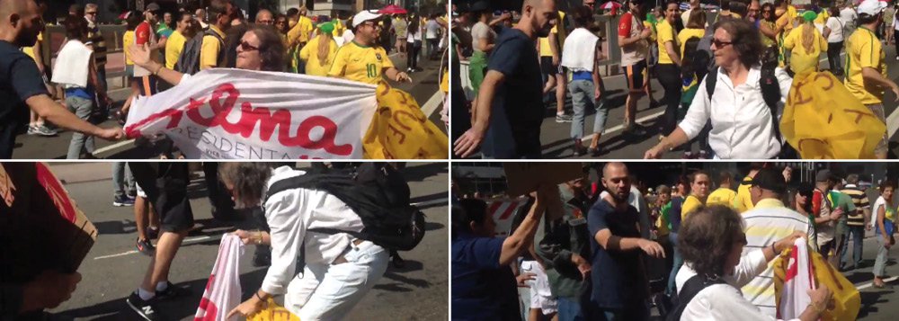 Vídeo mostra uma cena agressiva no protesto da Avenida Paulista na tarde deste domingo: manifestantes anti-Dilma pisam e tentam arrancar a bandeira das mãos de uma senhora, apoiadora da presidente; outra manifestante pró-Dilma foi empurrada e chamada de "prostituta" no Rio de Janeiro (Foto: Gisele Federicce) Vídeo mostra uma cena agressiva no protesto da Avenida Paulista na tarde deste domingo: manifestantes anti-Dilma pisam e tentam arrancar a bandeira das mãos de uma senhora, apoiadora da presidente; outra manifestante pró-Dilma foi empurrada e chamada de "prostituta" no Rio de Janeiro