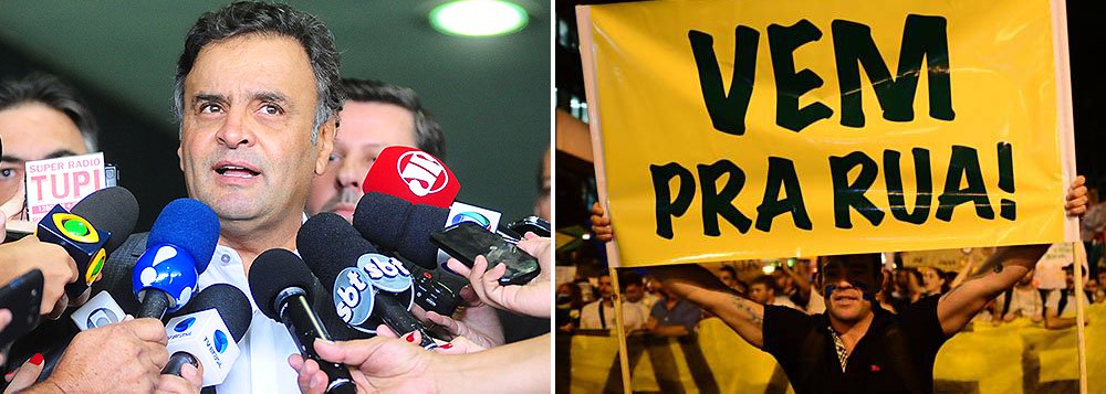 Grupos que organizam as manifestações do dia 15 de março, pelo impeachment da presidente Dilma Rousseff, têm reproduzido cenas da campanha do senador Aécio Neves (PSDB-MG) à Presidência do ano passado; o partido nega que tenha cedido as imagens e Aécio afirma que ato é "um movimento da sociedade"; "Não do PSDB ou de outros partidos. É um movimento legítimo (...) e não faremos de conta que ele não existe", afirmou (Foto: Roberta Namour) Grupos que organizam as manifestações do dia 15 de março, pelo impeachment da presidente Dilma Rousseff, têm reproduzido cenas da campanha do senador Aécio Neves (PSDB-MG) à Presidência do ano passado; o partido nega que tenha cedido as imagens e Aécio afirma que ato é "um movimento da sociedade"; "Não do PSDB ou de outros partidos. É um movimento legítimo (...) e não faremos de conta que ele não existe", afirmou
