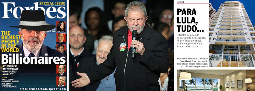 Reduzidas as possibilidades de um golpe contra a presidente Dilma, que será diplomada nesta semana, após a aprovação de suas contas de campanha pelo Tribunal Superior Eleitoral, todas as baterias se voltam contra o ex-presidente Lula; estratégia aberta pelo jornal O Globo, com a reportagem sensacionalista sobre seu "triplex", repercutida por Veja, consiste em pintá-lo como um marajá, nos moldes da falsa capa da revista Forbes, que circula pela internet; mídia familiar trabalha, desde já, para evitar o risco de que o PT fique 20 anos no poder; pesquisa Datafolha divulgada no dia 8 revelou que, para 64% dos brasileiros, Lula foi o melhor presidente da história; a partir de agora, a ordem é destruir o mito (Foto: Ana Pupulin) Reduzidas as possibilidades de um golpe contra a presidente Dilma, que será diplomada nesta semana, após a aprovação de suas contas de campanha pelo Tribunal Superior Eleitoral, todas as baterias se voltam contra o ex-presidente Lula; estratégia aberta pelo jornal O Globo, com a reportagem sensacionalista sobre seu "triplex", repercutida por Veja, consiste em pintá-lo como um marajá, nos moldes da falsa capa da revista Forbes, que circula pela internet; mídia familiar trabalha, desde já, para evitar o risco de que o PT fique 20 anos no poder; pesquisa Datafolha divulgada no dia 8 revelou que, para 64% dos brasileiros, Lula foi o melhor presidente da história; a partir de agora, a ordem é destruir o mito