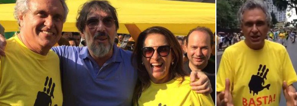 Senador Ronaldo Caiado (DEM-GO) compareceu ao ato contra Dilma na Avenida Paulista, em São Paulo, com a mesma roupa fascista de 15 de março; camiseta associa o ex-presidente Lula a uma deficiência física, típica de quem estimula a intolerância e o preconceito; no Twitter, o parlamentar pediu a renúncia da presidente (Foto: Gisele Federicce) Senador Ronaldo Caiado (DEM-GO) compareceu ao ato contra Dilma na Avenida Paulista, em São Paulo, com a mesma roupa fascista de 15 de março; camiseta associa o ex-presidente Lula a uma deficiência física, típica de quem estimula a intolerância e o preconceito; no Twitter, o parlamentar pediu a renúncia da presidente