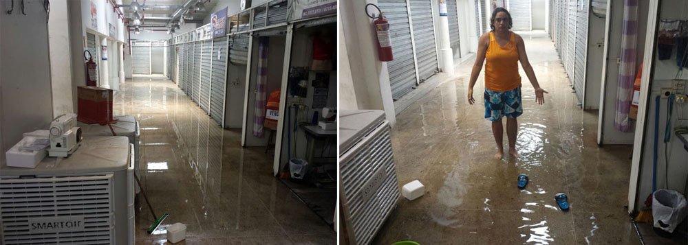O andar superior do Shopping Popular, situado no Centro de Maceió, está alagado por causa das chuvas; quatro condicionadores de ar que ainda seriam instalados pela prefeitura, e estavam sendo armazenados no chão, ficaram danificados; segundo os comerciantes que trabalham no local, os problemas ocasionados pelas chuvas são constantes (Foto: Voney Malta) O andar superior do Shopping Popular, situado no Centro de Maceió, está alagado por causa das chuvas; quatro condicionadores de ar que ainda seriam instalados pela prefeitura, e estavam sendo armazenados no chão, ficaram danificados; segundo os comerciantes que trabalham no local, os problemas ocasionados pelas chuvas são constantes