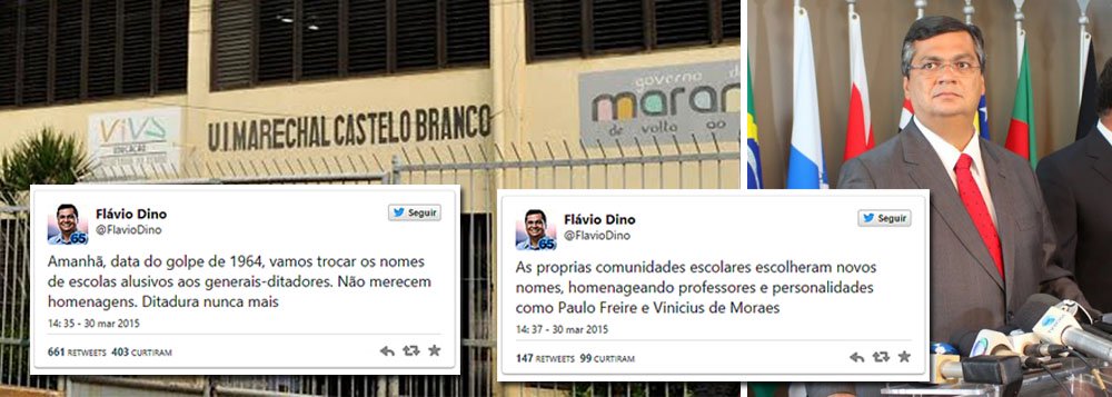 “Amanhã, data do golpe de 1964, vamos trocar os nomes de escolas alusivos aos generais-ditadores. Não merecem homenagens. Ditadura nunca mais”, disse o governador Flávio Dino (PCdoB) em posts nas redes sociais; a Secretaria de Estado da Educação identificou, em nove municípios maranhenses, dez instituições de ensino que possuíam nomes de ex-presidentes do regime militar; segundo o governador, as próprias instituições de ensino escolheram os novos nomes (Foto: Roberta Namour) “Amanhã, data do golpe de 1964, vamos trocar os nomes de escolas alusivos aos generais-ditadores. Não merecem homenagens. Ditadura nunca mais”, disse o governador Flávio Dino (PCdoB) em posts nas redes sociais; a Secretaria de Estado da Educação identificou, em nove municípios maranhenses, dez instituições de ensino que possuíam nomes de ex-presidentes do regime militar; segundo o governador, as próprias instituições de ensino escolheram os novos nomes