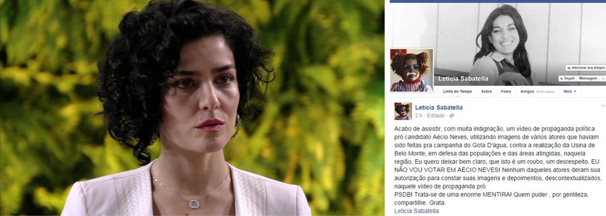 Atriz Letícia Sabatella reclamou, em seu Facebook, do uso de um vídeo que ela fez para a campanha Gota D'Água na propaganda do tucano Aécio Neves; ela se disse "indignada" com o uso do vídeo pelo candidato do PSDB; "Quero deixar bem claro que isto é um roubo, um desrespeito. Eu não vou votar neste candidato", protestou (Foto: Valter Lima) Atriz Letícia Sabatella reclamou, em seu Facebook, do uso de um vídeo que ela fez para a campanha Gota D'Água na propaganda do tucano Aécio Neves; ela se disse "indignada" com o uso do vídeo pelo candidato do PSDB; "Quero deixar bem claro que isto é um roubo, um desrespeito. Eu não vou votar neste candidato", protestou