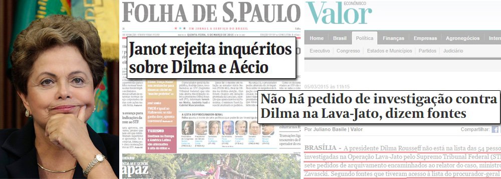 Ao contrário do que estampa a manchete da Folha de S. Paulo desta quinta-feira, 5, o procurador geral da República, Rodrigo Janot, não pediu o arquivamento de investigação contra a presidente Dilma Rousseff; motivo: não havia investigação; o que revela que a situação de Dilma é bem diferente da do senador Aécio Neves (PSDB), que foi citado em delação premiada pelo doleiro Alberto Youssef como sendo supostamente beneficiário de dinheiro de Furnas; Aécio Neves consta na lista que Janot recomenda arquivamento de inquérito ao Supremo Tribunal Federal; já o nome da presidente Dilma não foi remetido ao STF, segundo mostrou o jornal Valor Econômico nesta quinta-feira; observação é de Eduardo Guimarães, do Blog da Cidadania (Foto: Aquiles Lins) Ao contrário do que estampa a manchete da Folha de S. Paulo desta quinta-feira, 5, o procurador geral da República, Rodrigo Janot, não pediu o arquivamento de investigação contra a presidente Dilma Rousseff; motivo: não havia investigação; o que revela que a situação de Dilma é bem diferente da do senador Aécio Neves (PSDB), que foi citado em delação premiada pelo doleiro Alberto Youssef como sendo supostamente beneficiário de dinheiro de Furnas; Aécio Neves consta na lista que Janot recomenda arquivamento de inquérito ao Supremo Tribunal Federal; já o nome da presidente Dilma não foi remetido ao STF, segundo mostrou o jornal Valor Econômico nesta quinta-feira; observação é de Eduardo Guimarães, do Blog da Cidadania