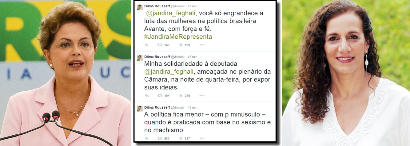 A presidente Dilma Rousseff usou as redes sociais nesta quinta (7) para defender a deputada federal Jandira Feghali (PC do B/RJ), que foi alvo de agressões dos também deputados federais Alberto Fraga (DEM-DF) e Roberto Freire (PPS-SP); "A política fica menor – com p minúsculo – quando é praticada com base no sexismo e no machismo. Minha solidariedade à deputada Jandira Feghali, ameaçada no plenário da Câmara, na noite de quarta-feira, por expor suas ideias. Jandira Feghali, você só engrandece a luta das mulheres na política brasileira. Avante, com força e fé. #JandiraMeRepresenta", publicou Dilma; Jandira foi empurrada por Freire e destratada verbalmente por Fraga, que disse que "mulher que participa da política como homem e fala como homem, também tem que apanhar como homem" (Foto: Valter Lima) A presidente Dilma Rousseff usou as redes sociais nesta quinta (7) para defender a deputada federal Jandira Feghali (PC do B/RJ), que foi alvo de agressões dos também deputados federais Alberto Fraga (DEM-DF) e Roberto Freire (PPS-SP); "A política fica menor – com p minúsculo – quando é praticada com base no sexismo e no machismo. Minha solidariedade à deputada Jandira Feghali, ameaçada no plenário da Câmara, na noite de quarta-feira, por expor suas ideias. Jandira Feghali, você só engrandece a luta das mulheres na política brasileira. Avante, com força e fé. #JandiraMeRepresenta", publicou Dilma; Jandira foi empurrada por Freire e destratada verbalmente por Fraga, que disse que "mulher que participa da política como homem e fala como homem, também tem que apanhar como homem"