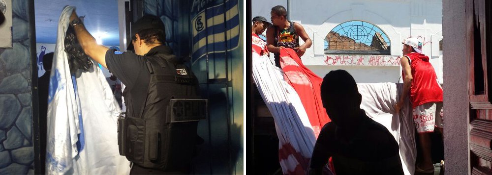 As sedes das torcidas organizadas Comando Vermelho (CV) e Mancha Azul, dos dois maiores clubes rivais de Alagoas, CSA e CRB, foram alvos de uma ação da Polícia Civil cumprindo mandados de busca e apreensão; no último final de semana, durante o jogo entre as duas equipes, foi grande o número de ocorrências policiais; por decisão do Ministério Público, outra partida que será realizada nesta quarta-feira (8) terá torcida única; nas redes sociais torcedores trocaram ameaças (Foto: Voney Malta) As sedes das torcidas organizadas Comando Vermelho (CV) e Mancha Azul, dos dois maiores clubes rivais de Alagoas, CSA e CRB, foram alvos de uma ação da Polícia Civil cumprindo mandados de busca e apreensão; no último final de semana, durante o jogo entre as duas equipes, foi grande o número de ocorrências policiais; por decisão do Ministério Público, outra partida que será realizada nesta quarta-feira (8) terá torcida única; nas redes sociais torcedores trocaram ameaças