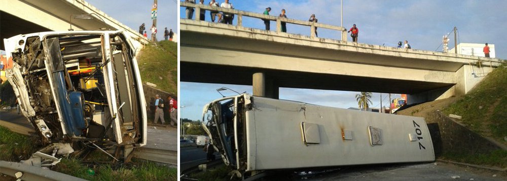 O motorista de um ônibus coletivo da empresa São Cristóvão ficou ferido após o veículo cair do viaduto da Brasilgás na BR-324 em Pirajá nesta madrugada; segundo a Transalvador, o coletivo bateu em um poste e na mureta após colidir com um micro ônibus do transporte complementar; o motorista do ônibus quebrou um braço e foi socorrido por uma ambulância do Samu (Foto: Romulo Faro) O motorista de um ônibus coletivo da empresa São Cristóvão ficou ferido após o veículo cair do viaduto da Brasilgás na BR-324 em Pirajá nesta madrugada; segundo a Transalvador, o coletivo bateu em um poste e na mureta após colidir com um micro ônibus do transporte complementar; o motorista do ônibus quebrou um braço e foi socorrido por uma ambulância do Samu