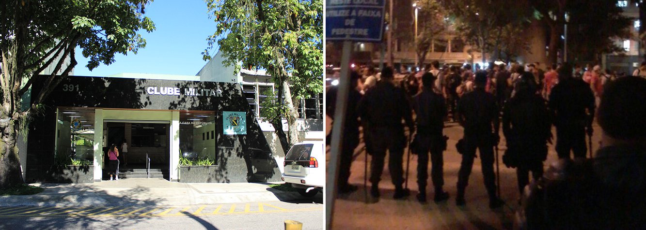 Cerca de 90 manifestantes entraram em confronto com a Polícia Militar (PM) em frente à sede do Clube Militar, no centro do Rio, nesta quarta (1º); ao lembrar os 51 anos do golpe militar de 1964, alguns ativistas arremessaram objetos e um vidro com tinta vermelha na fachada do prédio, que ficou manchada; os policiais que faziam a segurança e acompanhavam o protesto dispersaram os manifestantes a golpes de cassetete; três foram presos (Foto: Valter Lima) Cerca de 90 manifestantes entraram em confronto com a Polícia Militar (PM) em frente à sede do Clube Militar, no centro do Rio, nesta quarta (1º); ao lembrar os 51 anos do golpe militar de 1964, alguns ativistas arremessaram objetos e um vidro com tinta vermelha na fachada do prédio, que ficou manchada; os policiais que faziam a segurança e acompanhavam o protesto dispersaram os manifestantes a golpes de cassetete; três foram presos