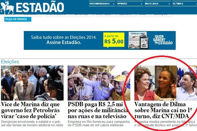 Apesar de bombástica, a notícia foi boicotada nas homes de UOL e G1 e na do Estadão foi publicada, mas manchete inverteu o fato mais importante da pesquisa (Foto: Eduardo Guimarães) Apesar de bombástica, a notícia foi boicotada nas homes de UOL e G1 e na do Estadão foi publicada, mas manchete inverteu o fato mais importante da pesquisa