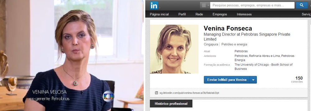"Duas vidas diferentes?", pergunta o jornalista Fernando Brito, do blog Tijolaço; ele resgata informações do perfil da ex-gerente da Petrobras na rede social corporativa Linkedin e constata que "durante ao menos sete anos era auxiliar de confiança de Paulo Roberto Costa"; ele contesta o fato de ela ter sido "afastada" da empresa em Cingapura, como afirmou, e de ter sido pressionada; "Quando PRC cai, Venina não é perseguida, mas promovida"; "Ela estava dentro dos esquemas de Paulo Roberto ou, pelo menos, aceitou-os", escreve o blogueiro (Foto: Gisele Federicce) "Duas vidas diferentes?", pergunta o jornalista Fernando Brito, do blog Tijolaço; ele resgata informações do perfil da ex-gerente da Petrobras na rede social corporativa Linkedin e constata que "durante ao menos sete anos era auxiliar de confiança de Paulo Roberto Costa"; ele contesta o fato de ela ter sido "afastada" da empresa em Cingapura, como afirmou, e de ter sido pressionada; "Quando PRC cai, Venina não é perseguida, mas promovida"; "Ela estava dentro dos esquemas de Paulo Roberto ou, pelo menos, aceitou-os", escreve o blogueiro