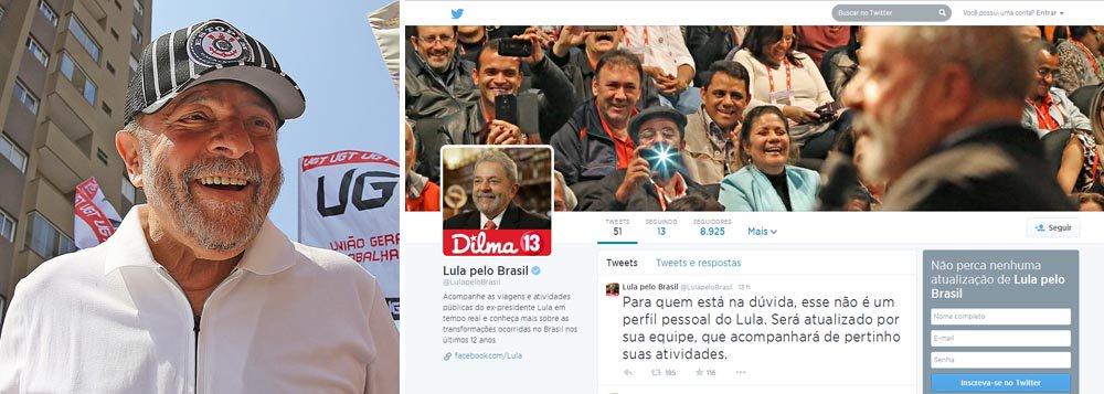 Perfil @LulapeloBrasil será atualizado por assessores e se destinará a acompanhar em tempo real "as viagens e atividades públicas" de Lula, o maior cabo eleitoral do PT; ele também usará o espaço para defender o legado dos governos petistas nos últimos 12 anos, num momento de ascensão da candidatura de Marina Silva; a página já conta com quase 9 mil seguidores e 51 tweetes publicados (Foto: Roberta Namour) Perfil @LulapeloBrasil será atualizado por assessores e se destinará a acompanhar em tempo real "as viagens e atividades públicas" de Lula, o maior cabo eleitoral do PT; ele também usará o espaço para defender o legado dos governos petistas nos últimos 12 anos, num momento de ascensão da candidatura de Marina Silva; a página já conta com quase 9 mil seguidores e 51 tweetes publicados