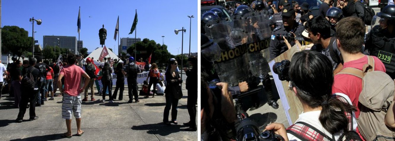 A passeata do Grito dos Excluídos acabou em confronto com policiais, no Centro do Rio de Janeiro, logo após o fim do desfile de 7 de Setembro; queima da bandeira nacional terminou com duas prisões; PMs usaram spray de pimenta contra manifestantes (Foto: Voney Malta) A passeata do Grito dos Excluídos acabou em confronto com policiais, no Centro do Rio de Janeiro, logo após o fim do desfile de 7 de Setembro; queima da bandeira nacional terminou com duas prisões; PMs usaram spray de pimenta contra manifestantes