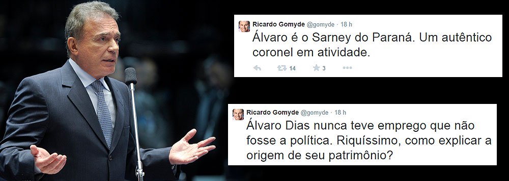 Candidato ao Senado, Ricardo Gomyde (PCdoB/PR) afirmou no Twitter que o tucano Álvaro Dias é o “Sarney do Paraná, um autêntico coronel em atividade”; ele também questionou seus bens: “Álvaro Dias nunca teve emprego que não fosse a política. Riquíssimo, como explicar a origem de seu patrimônio?” (Foto: Roberta Namour) www.brasil247.com - Candidato ao Senado, Ricardo Gomyde (PCdoB/PR) afirmou no Twitter que o tucano Álvaro Dias é o “Sarney do Paraná, um autêntico coronel em atividade”; ele também questionou seus bens: “Álvaro Dias nunca teve emprego que não fosse a política. Riquíssimo, como explicar a origem de seu patrimônio?”