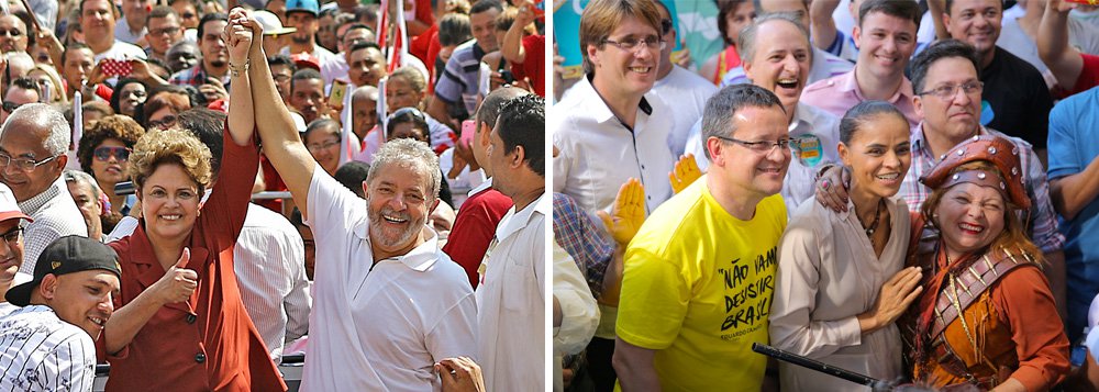 Ex-presidente Lula expressa o que já vai acontecendo na prática, a 52 dias da data do segundo turno das eleições presidenciais; polarização PT-PSDB foi transferida, por conta da larga tomada à frente de Marina Silva sobre Aécio Neves, na bipolaridade PT-PSB; partido que era chefiado por Eduardo Campos não consegue se impor como terceira via, mas sim como alternativa eleitoral mais viável no momento ao projeto tucano; programas de governo das duas agremiações são semelhantes; com todas as pesquisas de opinião, eleitor já começa a julgar diferenças de estilo, postura e compromissos das duas candidatas empatadas nas projeções do primeiro turno; escreve Tereza Cruvinel (Foto: Ana Pupulin) Ex-presidente Lula expressa o que já vai acontecendo na prática, a 52 dias da data do segundo turno das eleições presidenciais; polarização PT-PSDB foi transferida, por conta da larga tomada à frente de Marina Silva sobre Aécio Neves, na bipolaridade PT-PSB; partido que era chefiado por Eduardo Campos não consegue se impor como terceira via, mas sim como alternativa eleitoral mais viável no momento ao projeto tucano; programas de governo das duas agremiações são semelhantes; com todas as pesquisas de opinião, eleitor já começa a julgar diferenças de estilo, postura e compromissos das duas candidatas empatadas nas projeções do primeiro turno; escreve Tereza Cruvinel