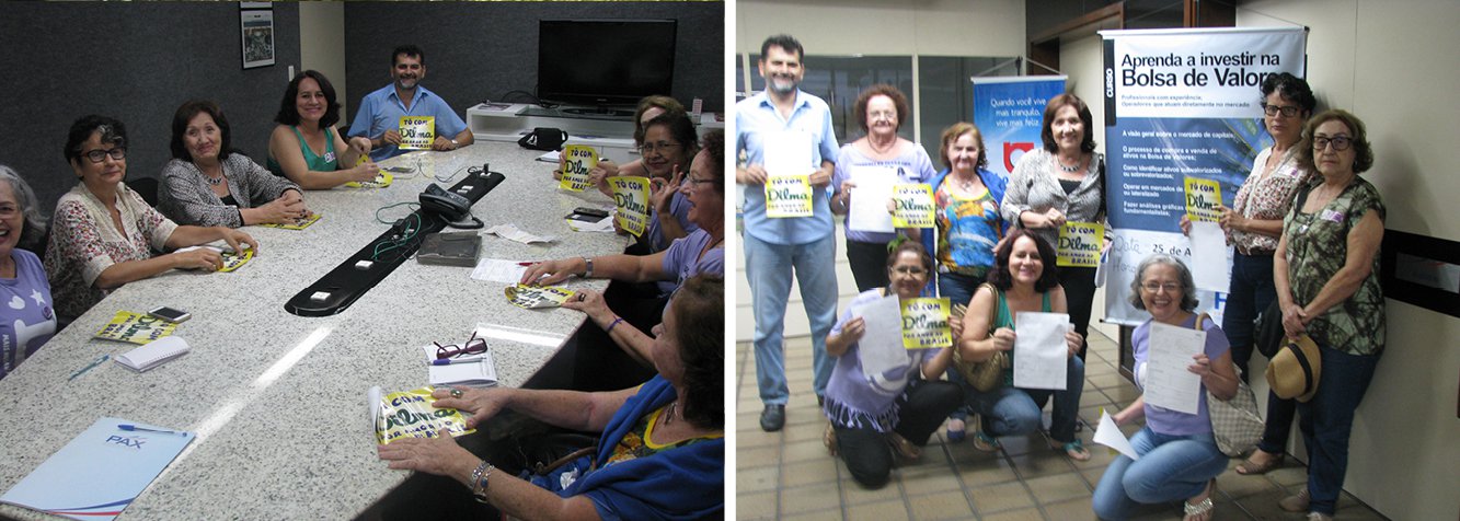Em Fortaleza, o movimento Mulheres do Ceará com Dilma aderiu à campanha "O Brasil é nosso", criada nas redes sociais, para atuar em defesa da Petrobras. Entre as as propostas dos idealizadores da campanha está a compra coletiva de ações da petroleira. Hoje, integrantes do movimento Mulheres do Ceará com Dilma compareceu a uma corretora para adquirir as ações (Foto: Fatima 247) Em Fortaleza, o movimento Mulheres do Ceará com Dilma aderiu à campanha "O Brasil é nosso", criada nas redes sociais, para atuar em defesa da Petrobras. Entre as as propostas dos idealizadores da campanha está a compra coletiva de ações da petroleira. Hoje, integrantes do movimento Mulheres do Ceará com Dilma compareceu a uma corretora para adquirir as ações