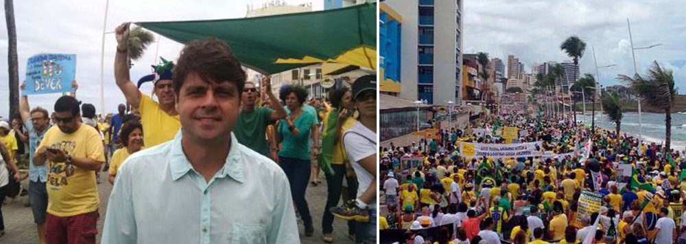 Presente ao ato contra o governo neste domingo no Farol da Barra, o presidente do Legislativo municipal, vereador Paulo Câmara, avaliou que a presidente Dilma Rousseff está deixando a desejar no seu segundo mandato; "São 100 dias de um governo que não fez nada, um governo leniente. Isso cria um sentimento de indignação no povo brasileiro", disse o tucano (Foto: Romulo Faro) Presente ao ato contra o governo neste domingo no Farol da Barra, o presidente do Legislativo municipal, vereador Paulo Câmara, avaliou que a presidente Dilma Rousseff está deixando a desejar no seu segundo mandato; "São 100 dias de um governo que não fez nada, um governo leniente. Isso cria um sentimento de indignação no povo brasileiro", disse o tucano