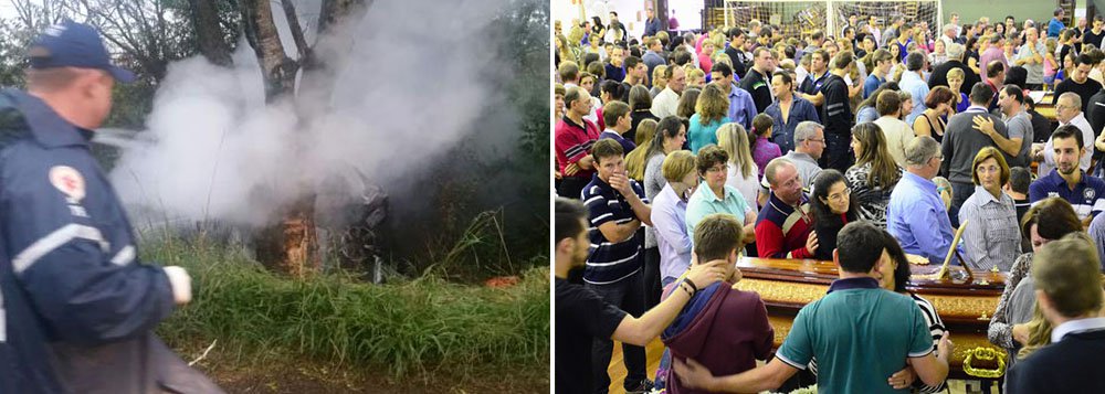 Os corpos das quatro vítimas que morreram em um acidente na RSC-472, em Santa Rosa, Noroeste do estado, são velados no Centro Social Paroquial de Santo Cristo, na mesma região; o carro que Matheus dirigia saiu da pista e colidiu contra uma árvore; sgundo a Brigada Militar, Leonardo Henkes foi jogado para fora do carro com o impacto da batida e morreu no local; as outras três pessoas morreram carbonizadas (Foto: Leonardo Lucena) Os corpos das quatro vítimas que morreram em um acidente na RSC-472, em Santa Rosa, Noroeste do estado, são velados no Centro Social Paroquial de Santo Cristo, na mesma região; o carro que Matheus dirigia saiu da pista e colidiu contra uma árvore; sgundo a Brigada Militar, Leonardo Henkes foi jogado para fora do carro com o impacto da batida e morreu no local; as outras três pessoas morreram carbonizadas