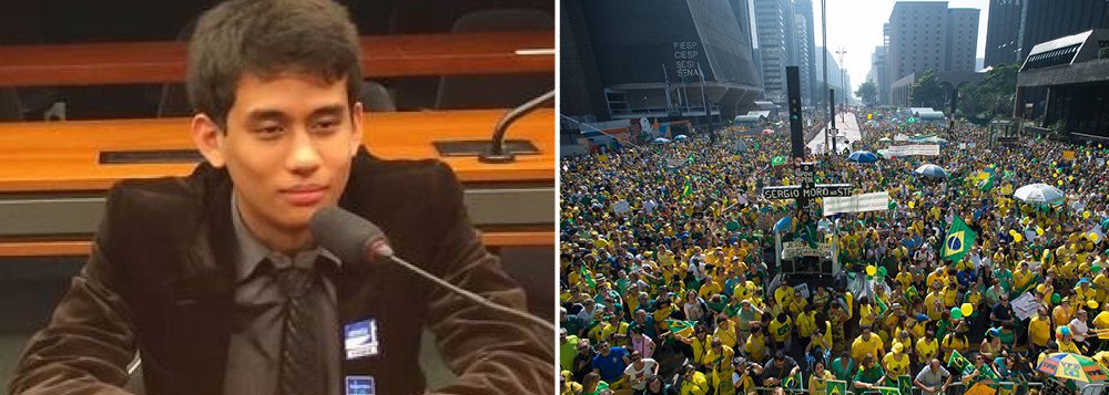 "A ideia é levar o protesto até o Congresso Nacional. Tem um peso enorme fazermos o protesto aqui em São Paulo, mas a pressão só vamos sentir na porta deles", disse Kim Kataguiri, líder do Movimento Brasil Livre; o grupo organiza uma caminhada de São Paulo a Brasília para a próxima sexta-feira (Foto: Gisele Federicce) "A ideia é levar o protesto até o Congresso Nacional. Tem um peso enorme fazermos o protesto aqui em São Paulo, mas a pressão só vamos sentir na porta deles", disse Kim Kataguiri, líder do Movimento Brasil Livre; o grupo organiza uma caminhada de São Paulo a Brasília para a próxima sexta-feira