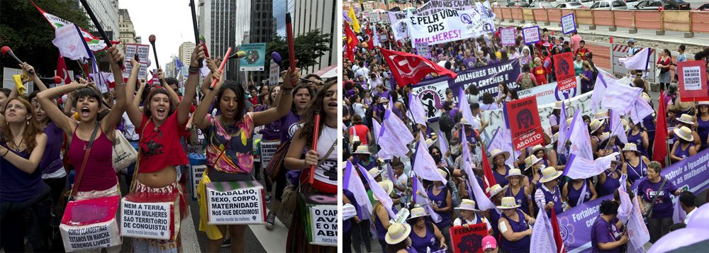 A chuva que caiu na região central da capital paulista não foi suficiente para impedir a caminhada das mulheres por direitos iguais entre os gêneros, neste 8 de março, Dia Internacional da Mulher; o grupo se concentrou, às 10h, em frente ao prédio da Gazeta, e seguiu pela Rua Augusta em direção ao centro da capital; a Polícia Militar estima que 2 mil pessoas participaram do ato (Foto: Romulo Faro) A chuva que caiu na região central da capital paulista não foi suficiente para impedir a caminhada das mulheres por direitos iguais entre os gêneros, neste 8 de março, Dia Internacional da Mulher; o grupo se concentrou, às 10h, em frente ao prédio da Gazeta, e seguiu pela Rua Augusta em direção ao centro da capital; a Polícia Militar estima que 2 mil pessoas participaram do ato